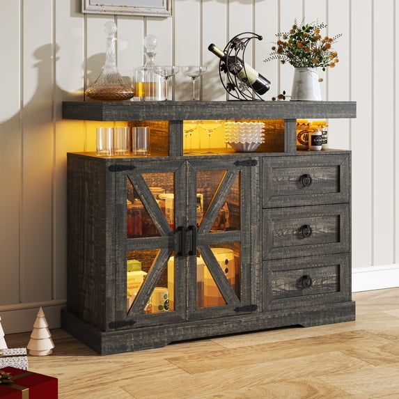 Gurexl LED Farmhouse Sideboard Buffet Cabinet with Storage, Wood Coffee Bar Station Table w/Charging Station, Large Kitchen Storage Cabinet w/Adjustable Shelf and 3 Drawers (Dark Rustic Oak)