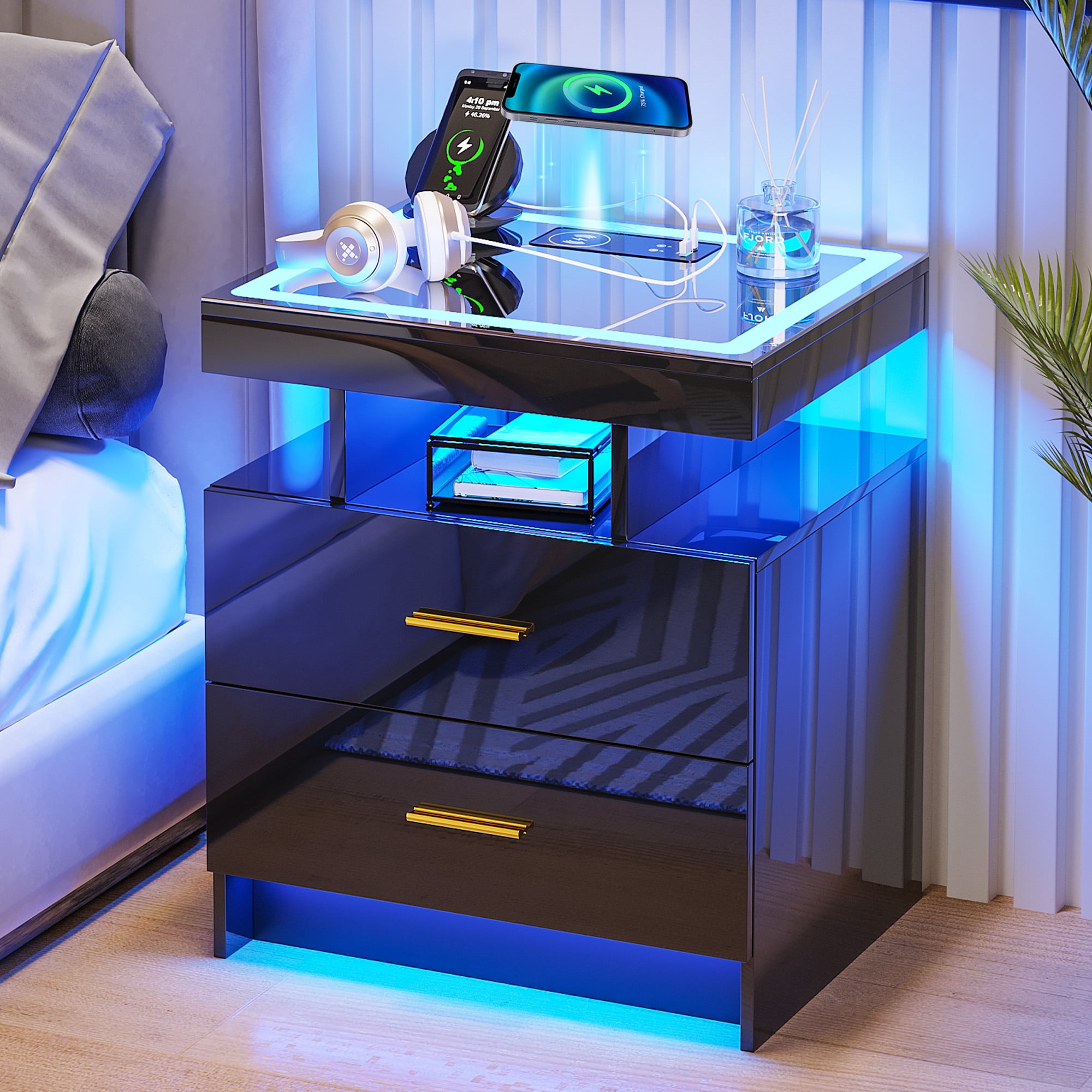 Mini Computer Night Stand Gurexl LED Nightstand with Charging Station (USB,Type-C Ports) High ...