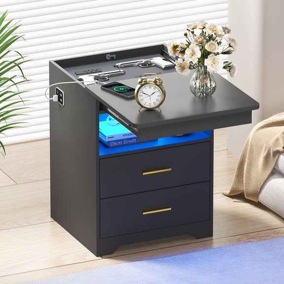 Gurexl LED Nightstand with Gun Drawer, Modern Beside Table with Charging Station, Auto Sensor 3 Color Dimmable Night Stand with Open Compartment for Bedroom (Black)