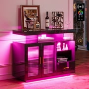 Gurexl LED Sideboard Buffet Cabinet with Charging Station, kitchen Storage with Auto RGB Lighted, High Gloss Coffee Bar cabinet with Adjustable Shelf for Living Room, Dining Room, Kitchen Black