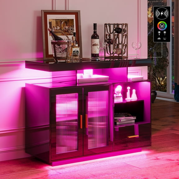 Gurexl LED Sideboard Buffet Cabinet with Charging Station, kitchen Storage with Auto RGB Lighted, High Gloss Coffee Bar cabinet with Adjustable Shelf for Living Room, Dining Room, Kitchen (Black)