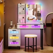 Gurexl RGB Makeup Vanity Table Set with Wireless Charging, LED Lights, USB Ports, White