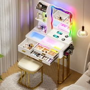 Gurexl RGB Small Vanity Desk with 7 Dynamic & 7 Static Lights, Glass Top Vanity Table with Wireless Charging Station, Make up Vanity Set with Mirror and Cushioned Stool, Gift for Girls