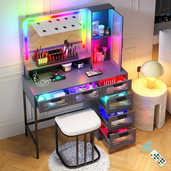 Gurexl RGB Vanity Desk with Mirror and Lights, LED Vanity Makeup Desk with USB/Wireless Charger Station, Vanities Dressing Table Sets with 6 Drawers/Cabins/Stool/Shelves for Bedroom&Cloakroom,Grey