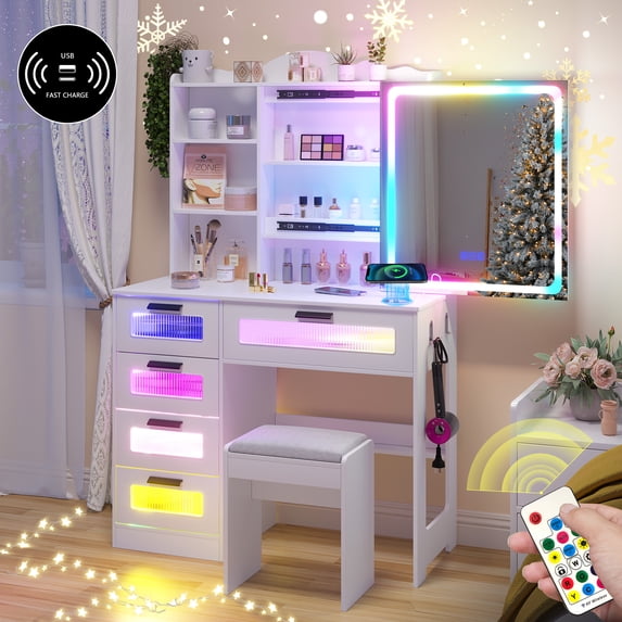Gurexl Vanity Desk with Sliding Mirror and LED Lights, RGB Vanitys with Charging Station, Makeup Vanity with Remote Control, White Dresser with Stool/Lager Drawers for Bedroom (White)