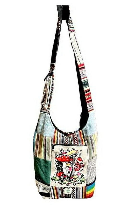 Gurkha Patchwork Hemp Shoulder Bag American Style 14 IN Multi-Purpose Womens Unisex Cross Body Shopping Bag - Handmade In Everest Country Nepal