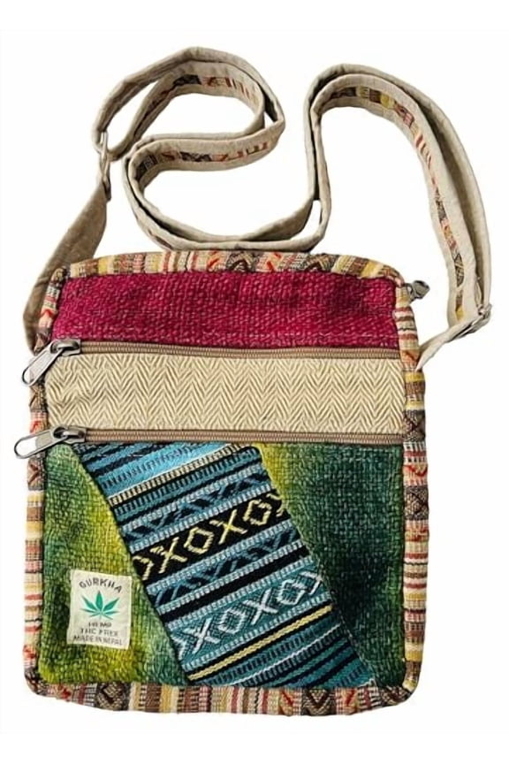 Gurkha Unisex Hemp Crossbody Bag Hippie Patchwork Shoulder 5 Pocket Passport Documents Bag Eco-friendly - Handloomed In Mt. Everest Country Nepal