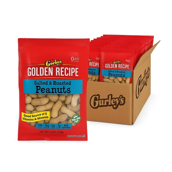 Gurley's Jumbo Salted & Roasted In Shell Peanuts, Non GMO Healthy High Protein Snacks, Salty Peanut Snack Sized Bags, 6 oz Bag Bulk In-Shell Party Peanuts (Pack of 12)