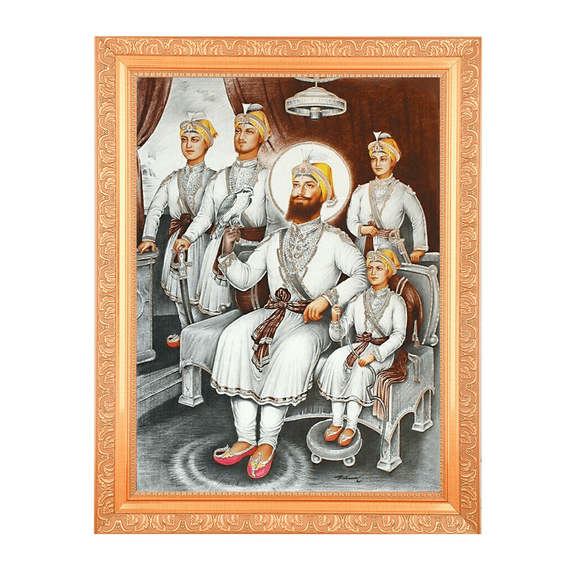 Guru Gobind Singhji With 4 Sahibzade Painting Vintage Design Digital Print Photo In Golden Artwork Frame (14 X 18 Inch) OR (35.56 X 45.72 Cm) Religious Gifting