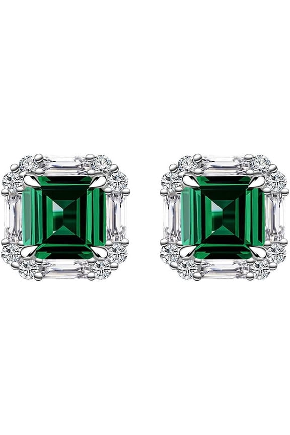 925 Sterling Silver 1.80 Ct Asscher Cut Green Emerald Engagement Wedding Push Back Stud Earring's 14K White Gold Plated For Women's