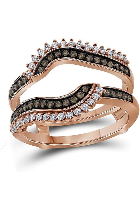 925 Sterling Silver 14K Rose Gold Plated 2.30 Ct Round Cut Brown & White Diamond Wedding Engagement Enhancer Guard Wrap Ring For Women's -9