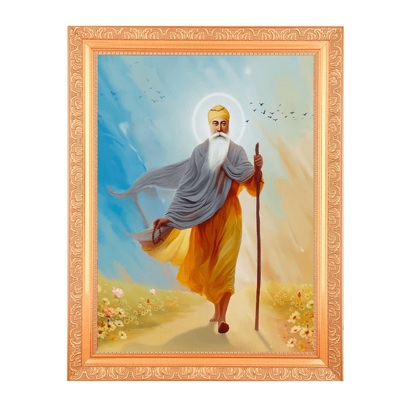 Guru Nanak Devji Painting Vintage Design Digital Print Photo In Golden Artwork Frame (14 X 18 Inch) OR (35.56 X 45.72 Cm) Religious Gifting