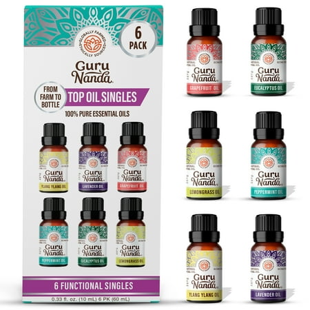 GuruNanda 100% Pure Essential Oils - Aromatherapy Singles - Variety of Scents - Set of 6