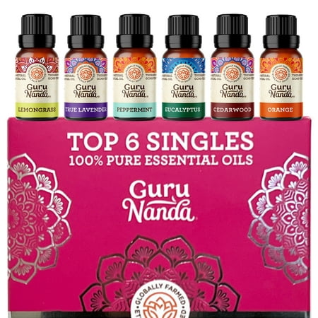 GuruNanda 100% Pure Essential Oils - Aromatherapy Singles - Variety of Scents - Set of 6