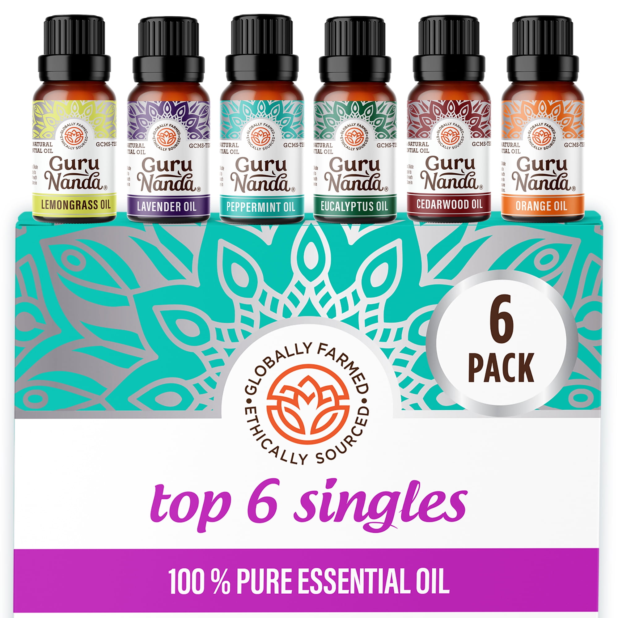 GuruNanda 100% Pure Essential Oils - Aromatherapy Singles - Variety of Scents - Set of 6