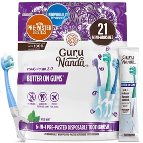 GuruNanda 6-in-1 Ready to Go Butter on Gums Pre-Pasted Toothbrushes 2.0 - 21 Count