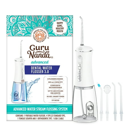 GuruNanda Advanced Dental Water Flosser 2.0 with UV Light - Rechargeable & Portable - 290mL - White