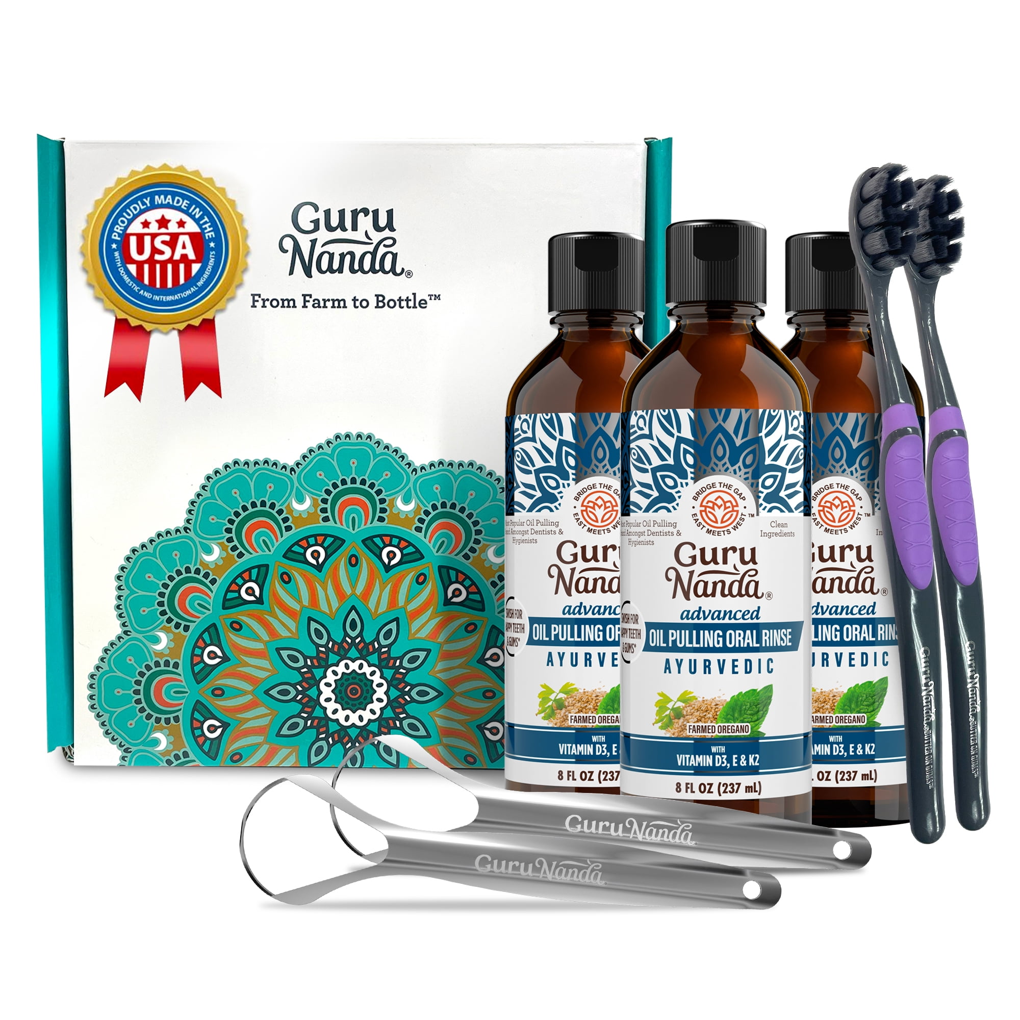 GuruNanda Advanced Formula Pulling Oil for Healthy Teeth & Gums with Vitamins D & E, 3 Pack