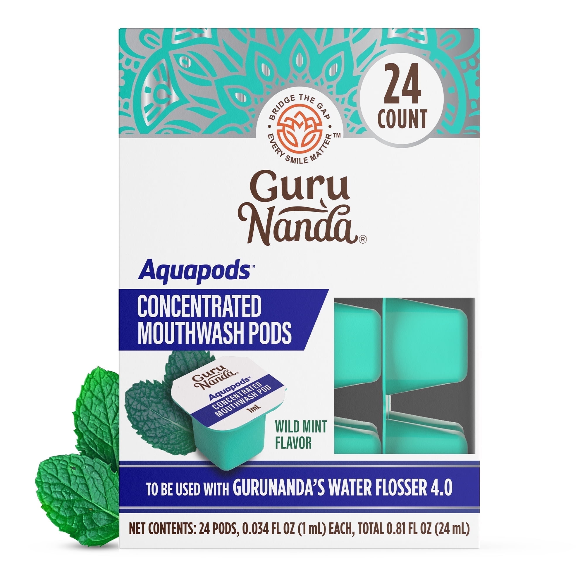 Gurunanda Aqua Pods Pre-Measured Concentrated Mouthwash for Water Flossers 4.0, Fluoride & Alcohol-Free, Wild Mint Flavor, Travel-Friendly, 24 count
