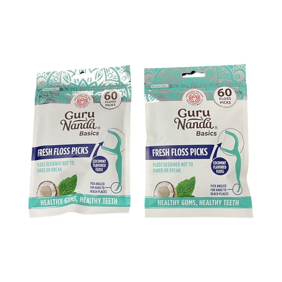 GuruNanda Basics Fresh Floss Picks Cocomint Flavored 60 Count Each Resealable Bags Healthy Gums 2 Pack