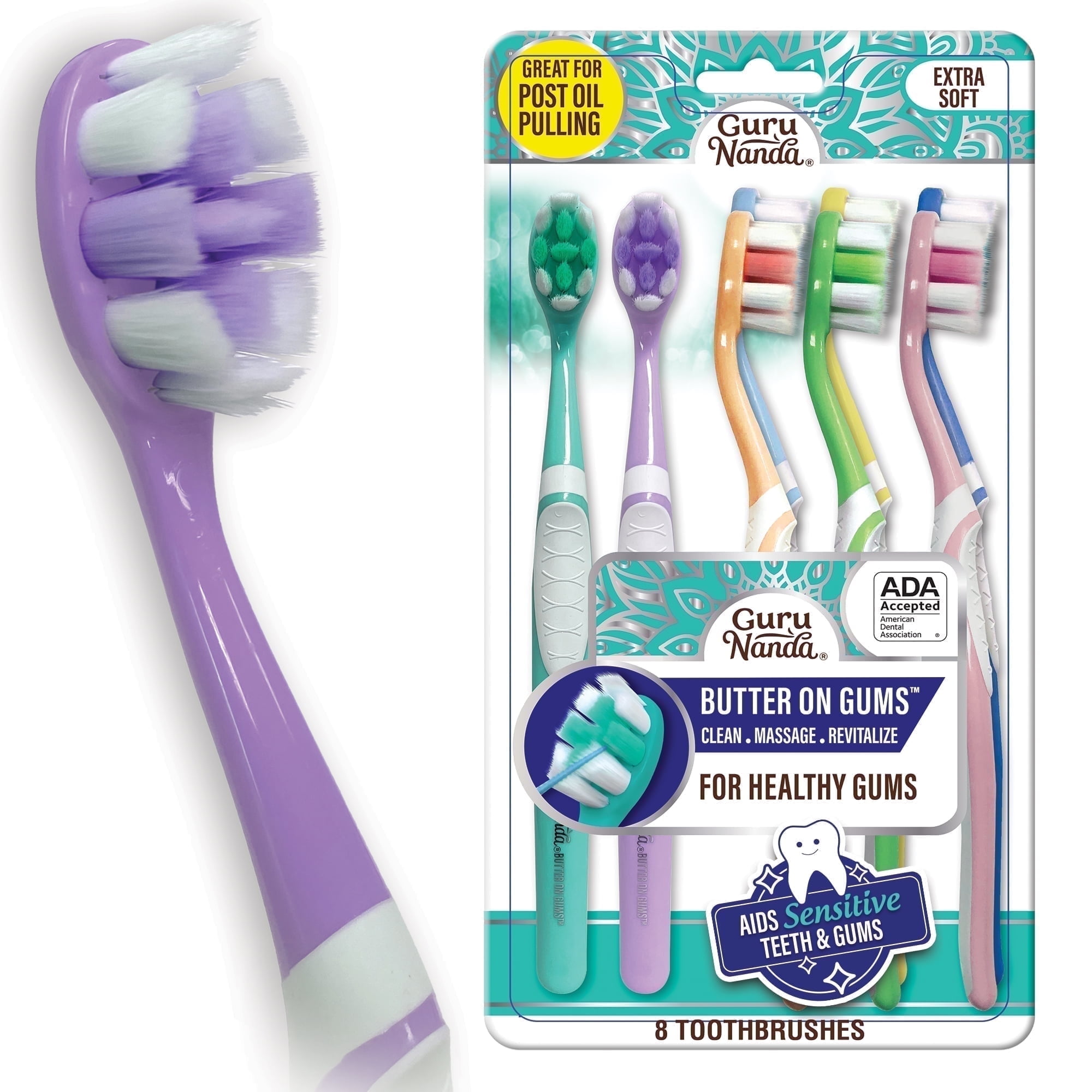 GuruNanda Butter on Gums Toothbrush - Extra Soft Bristles - ADA Accepted - Multi-Colored for Adults & Kids - 8 Pack