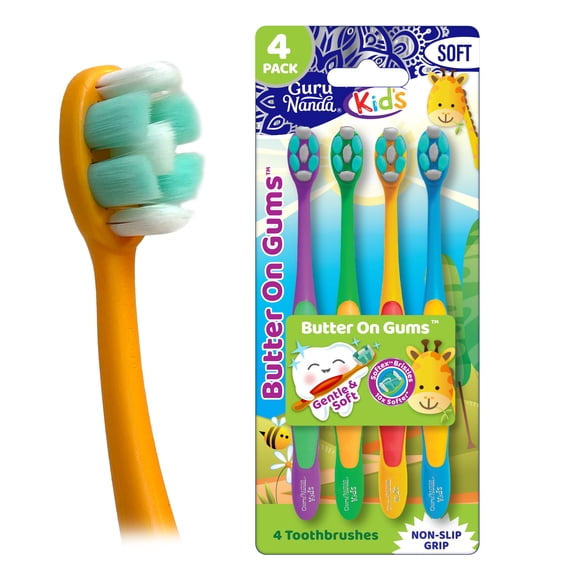 GuruNanda Kids Manual Toothbrush - Butter on Gums Extra Soft Bristles, Ergonomic Grip, Multicolor - 4 Pack