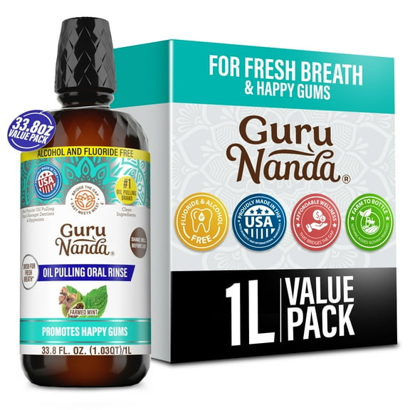 GuruNanda CocoMint Oil Pulling Natural Mouthwash with Essential Oils & Vitamins D3,E,K2 - 1L