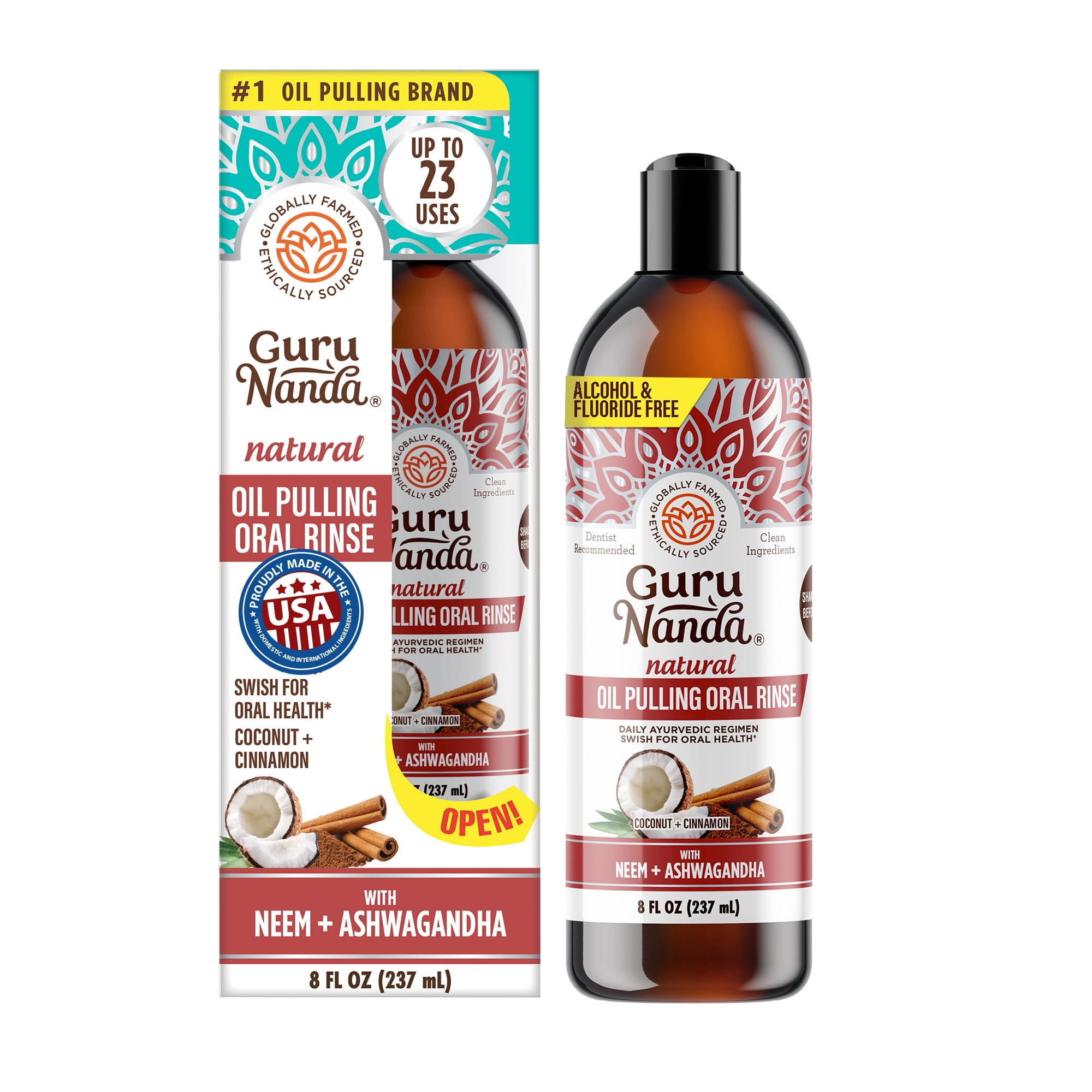 GuruNanda Coconut & Cinnamon Oil Pulling Flavor + Neem & Ashwagandha - Oral Rinse Mouthwash - 8 oz