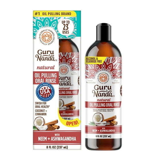 GuruNanda Coconut & Cinnamon Oil Pulling Flavor + Neem & Ashwagandha - Oral Rinse Mouthwash - 8 oz