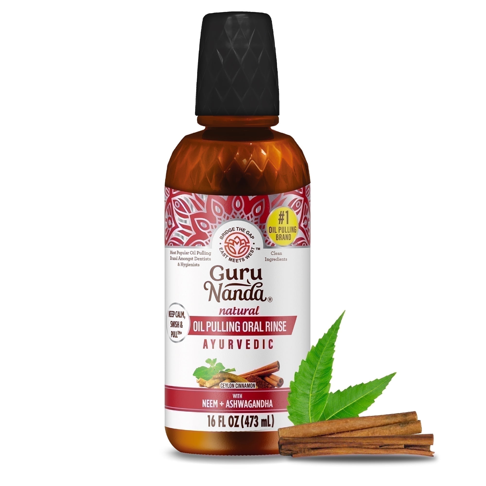 GuruNanda Coconut & Cinnamon Oil Pulling + Neem & Ashwagandha Oral Rinse - Refill Size - 16 oz