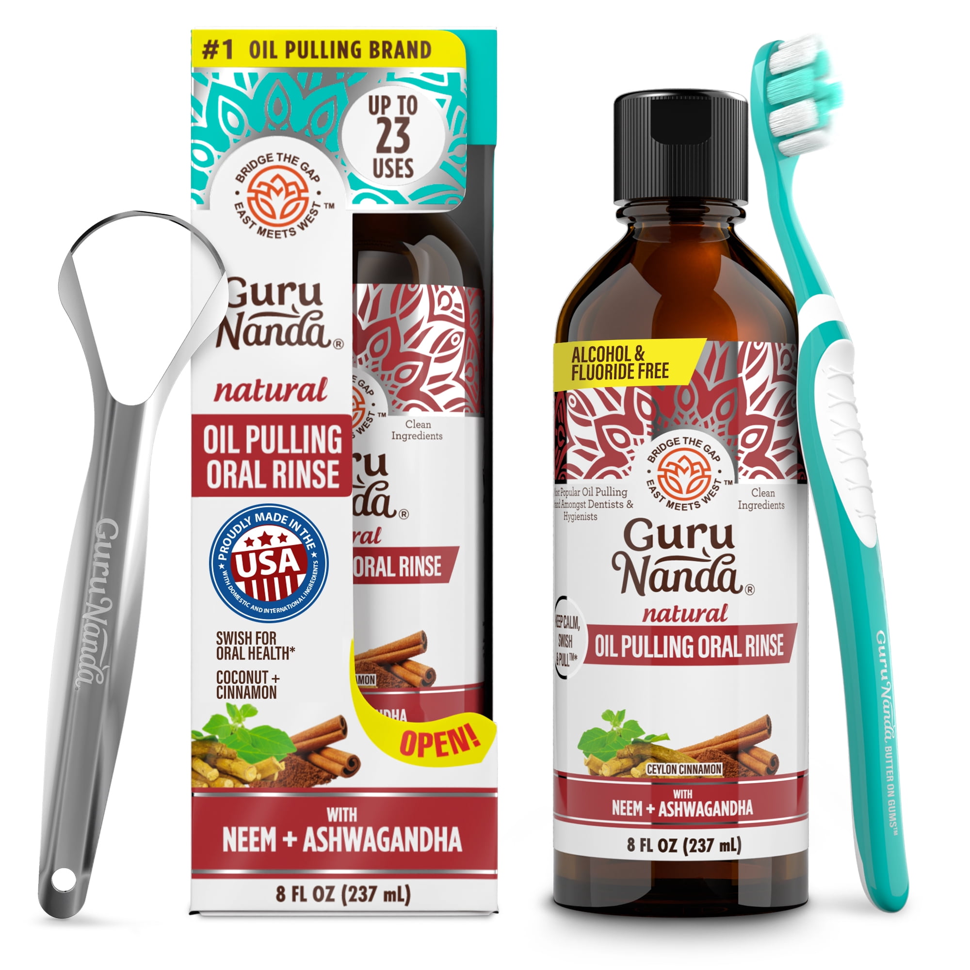 GURU NANDA Ashwagandha Oil Pulling with Coconut Cinnamon Neem 8 oz