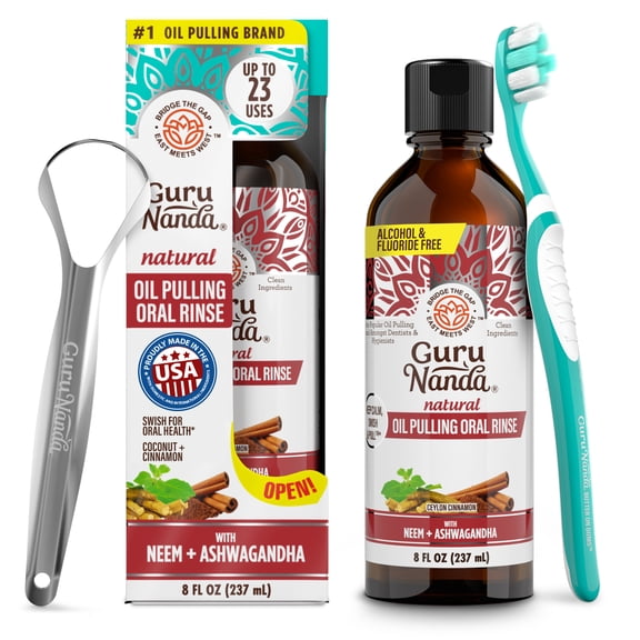 GuruNanda Coconut & Cinnamon Oil Pulling with Neem + Ashwagandha - Essential Oils & Vitamins for Health Teeth & Gums - 8 oz