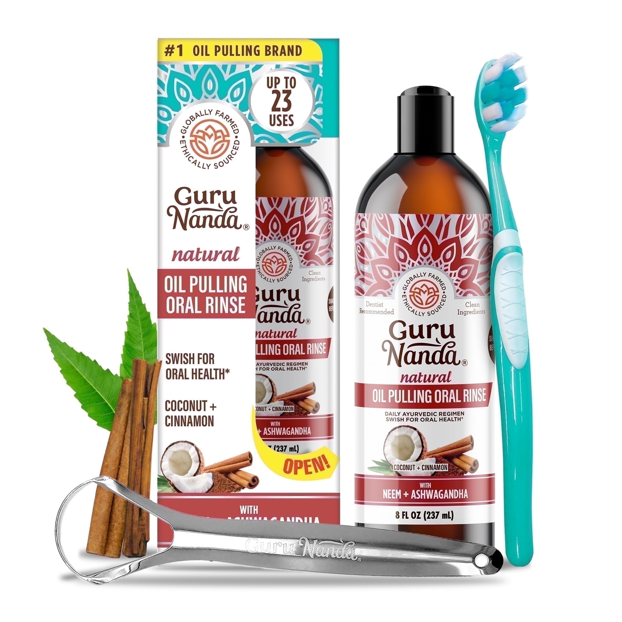 GuruNanda Coconut & Cinnamon Oil Pulling with Neem + Ashwagandha - Essential Oils & Vitamins for Health Teeth & Gums - 8 oz