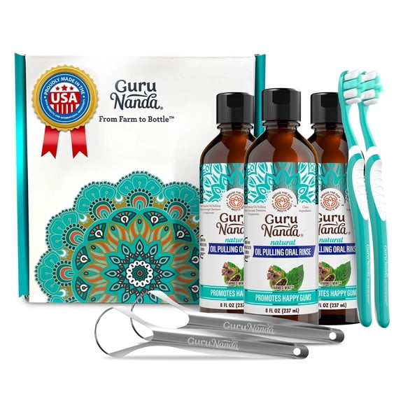 GuruNanda CocoMint Oil Pulling Natural Mouthwash with Essential Oils & Vitamins D3,E,K2 - Toothbrush & Tongue Scraper - 8 oz X 3
