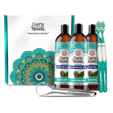 GuruNanda CocoMint Oil Pulling Natural Mouthwash with Essential Oils & Vitamins D3,E,K2 - Toothbrush & Tongue Scraper - 8 oz X 3