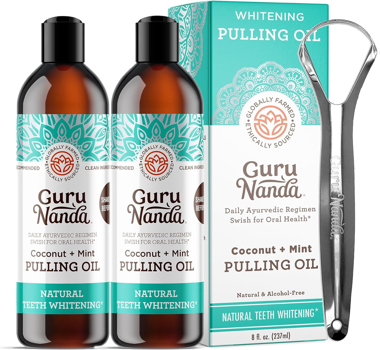 GuruNanda Coconut & Peppermint Oil Pulling (8 Fl.Oz) with Tongue Scraper Alcohol Free