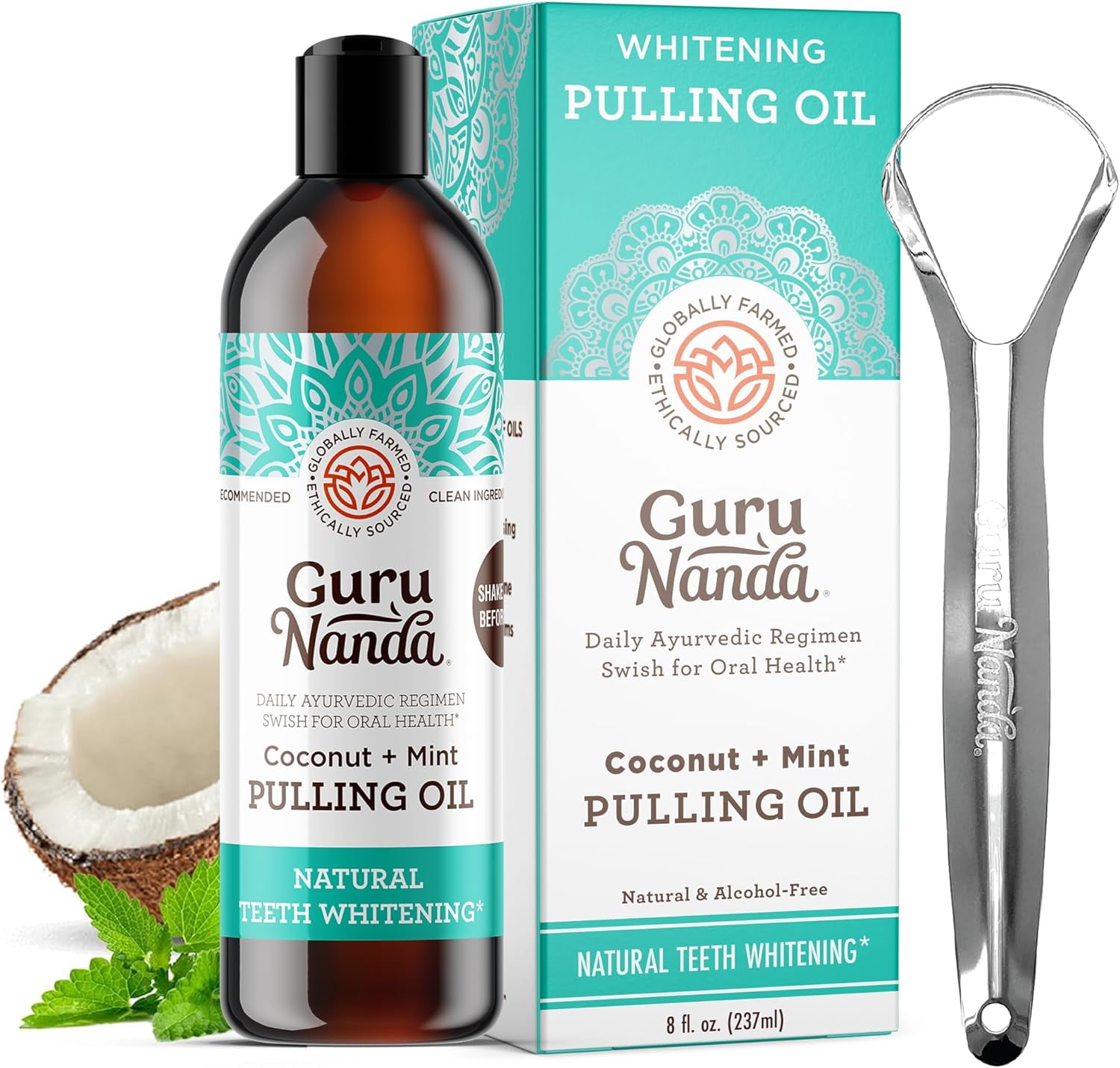 GuruNanda Coconut & Peppermint Oil Pulling (8 Fl.Oz) with Tongue Scraper Alcohol Free