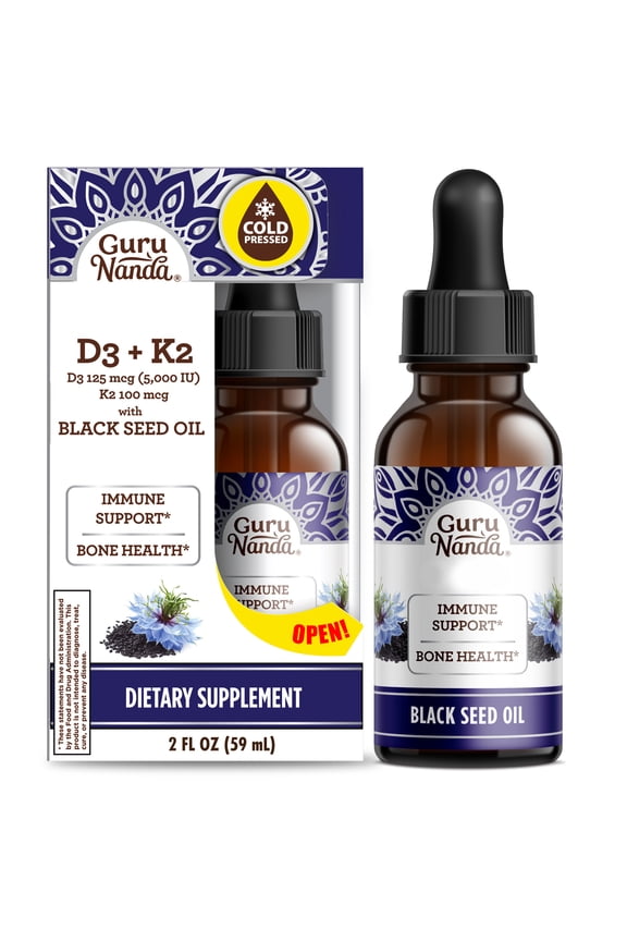 Cold Pressed Black Seed Oil Liquid Dietary Supplement with Vitamin D3 & K2-Supports Immune & Bone Health - 2 fl oz