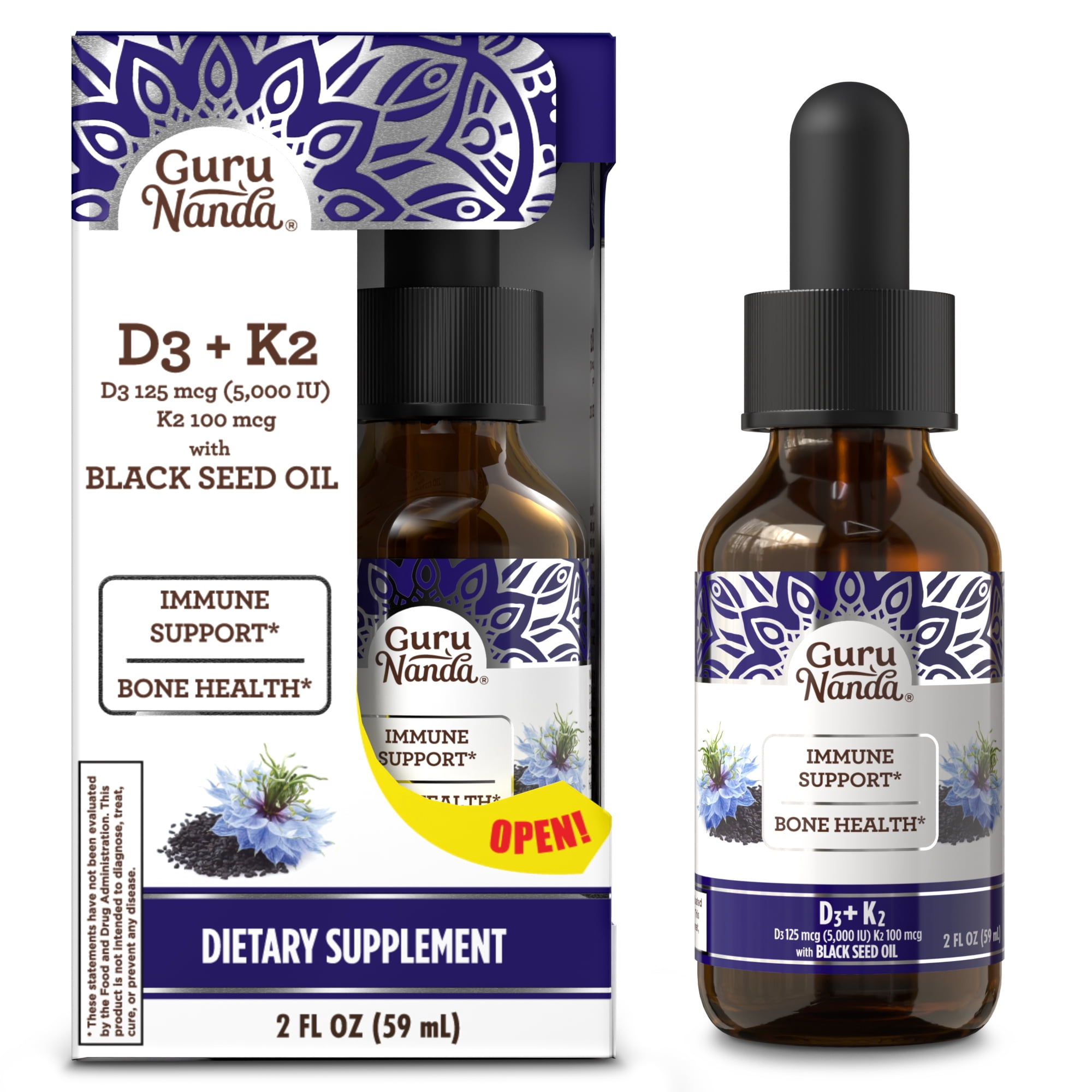 GuruNanda Cold Pressed Black Seed Oil Liquid Dietary Supplement with Vitamin D3 & K2-Supports Immune & Bone Health - 2 fl oz