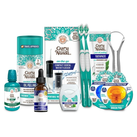 GuruNanda Compact Travel Oral Care Kit Water Flosser, Toothpaste, Toothbrush, Oil Pulling & Mouthwash
