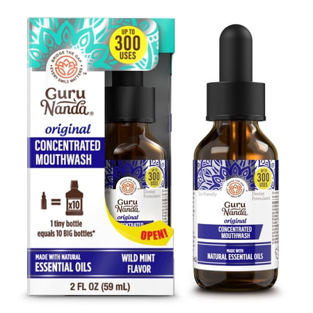 GuruNanda Fluoride-Free Concentrate Mouthwash with Essential Oils & Vitamins, Fresh Breath, Wild Mint, 2 fl oz