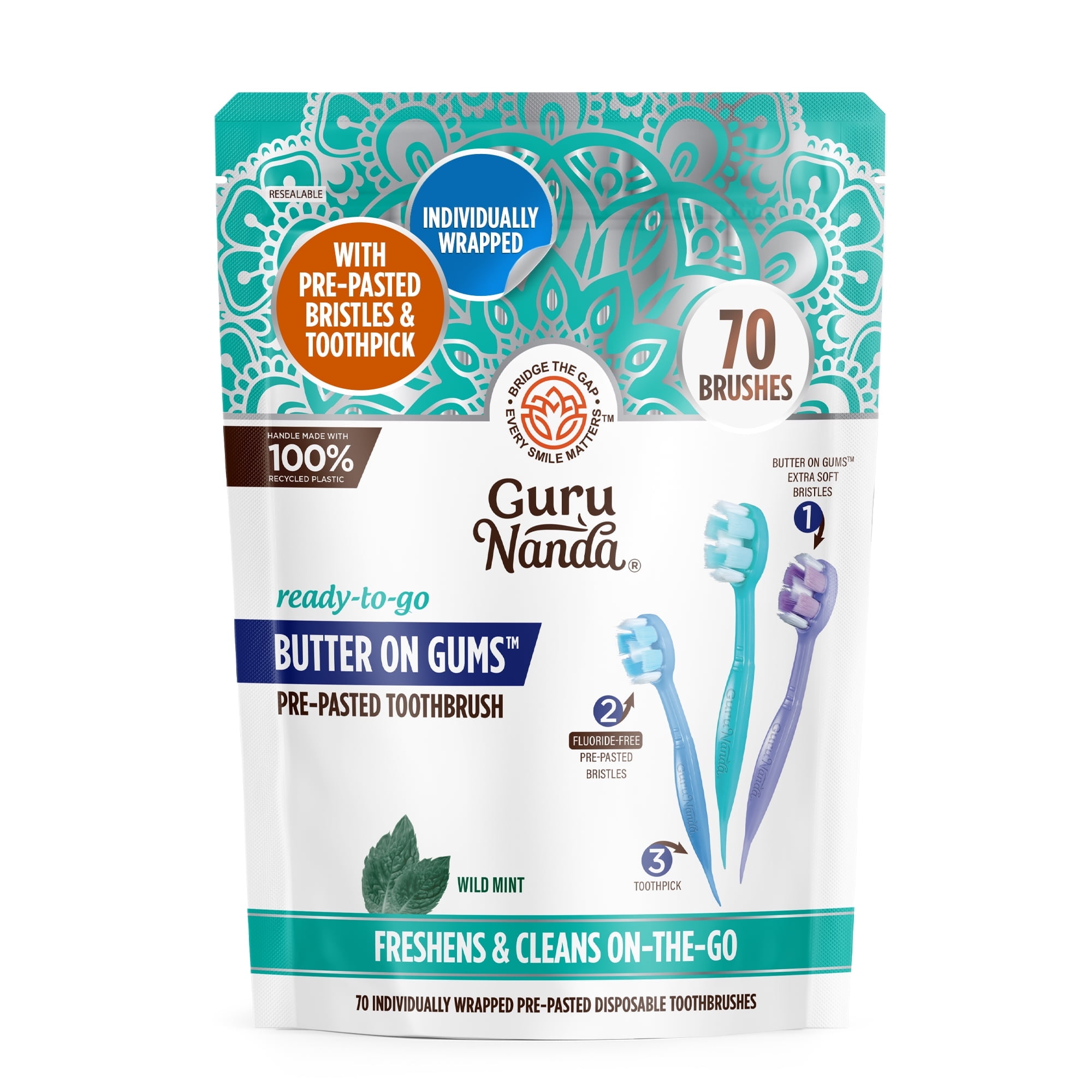GuruNanda Disposable Mini Travel Toothbrushes - Pre-Pasted Toothpaste & Toothpick - Fluoride-Free -70 Ct