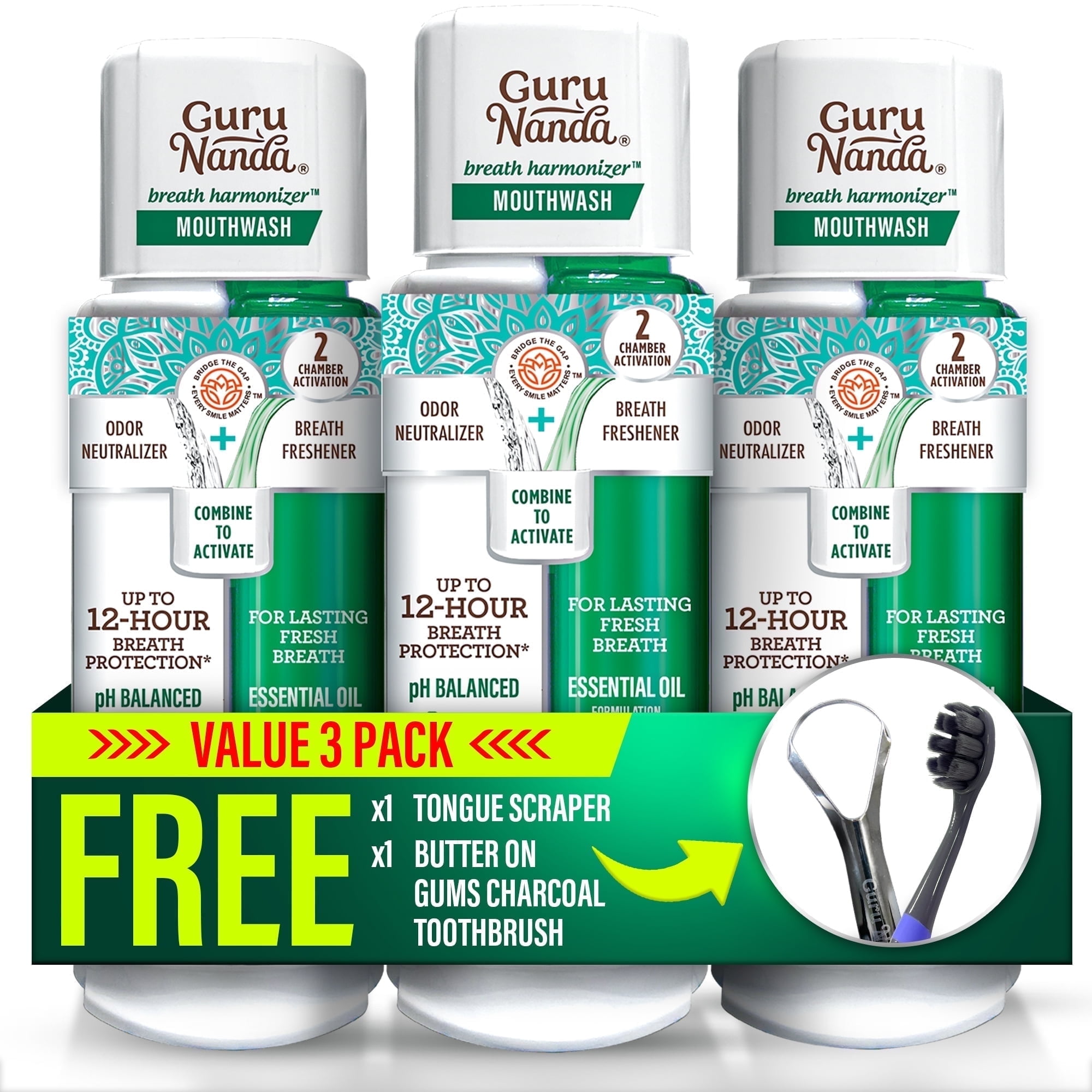 GuruNanda Dual Barrel Breath Harmonizer Mouthwash - Alcohol & Fluoride Free with Sodium Chlorite & Essential Oils - Wild Mint Flavor, 3 Pack