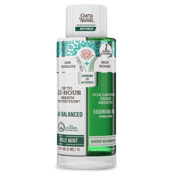 GuruNanda Dual Barrel Breath Harmonizer Mouthwash - Fresh Breath - Alcohol & Fluoride Free - Wild Mint - 32 fl oz