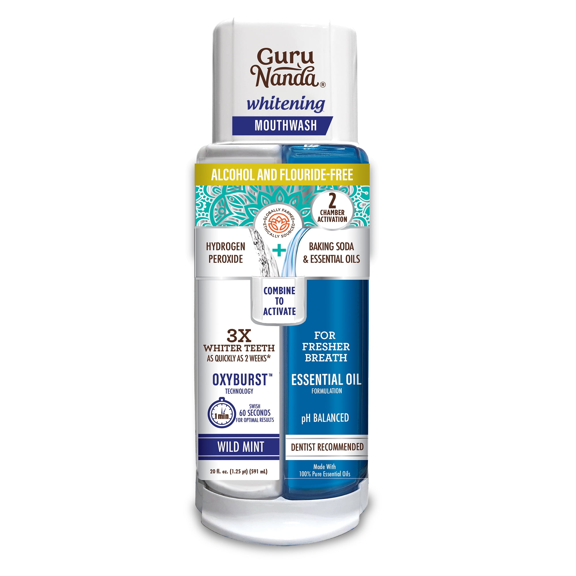 GuruNanda Teeth Whitening Dual Barrel Mouthwash- Alcohol Free & Fluoride Free, Wild Mint, 20oz