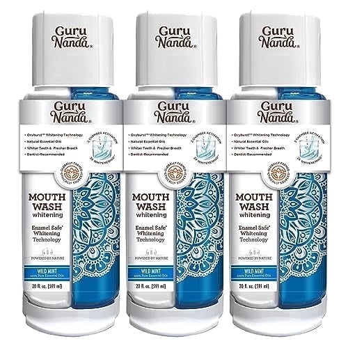 GuruNanda Dual Barrel Oxyburst Whitening Mouthwash - with Hydrogen Peroxide - Alcohol & Fluoride Free Rinse, Wild Mint Flavor - (20 Fl Oz x3)