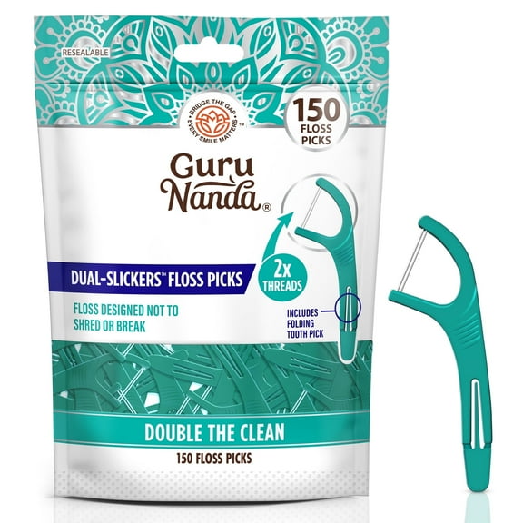 GuruNanda Dual Slickers Floss Picks - Double-Threaded Dyneema Dental Floss with Foldable Toothpick - Unflavored- 150 Ct