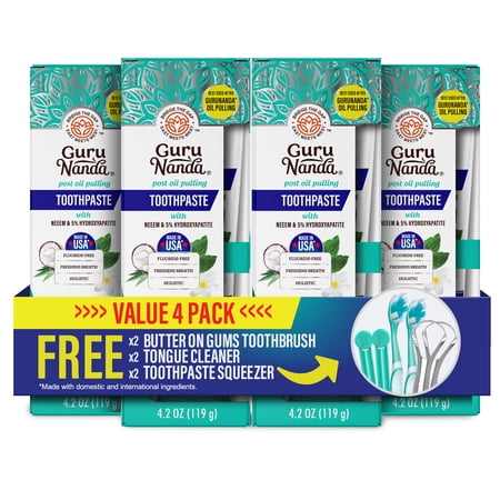 GuruNanda Fluoride-Free Whitening Toothpaste With 5% Hydroxyapatite and Neem - 4 Pack