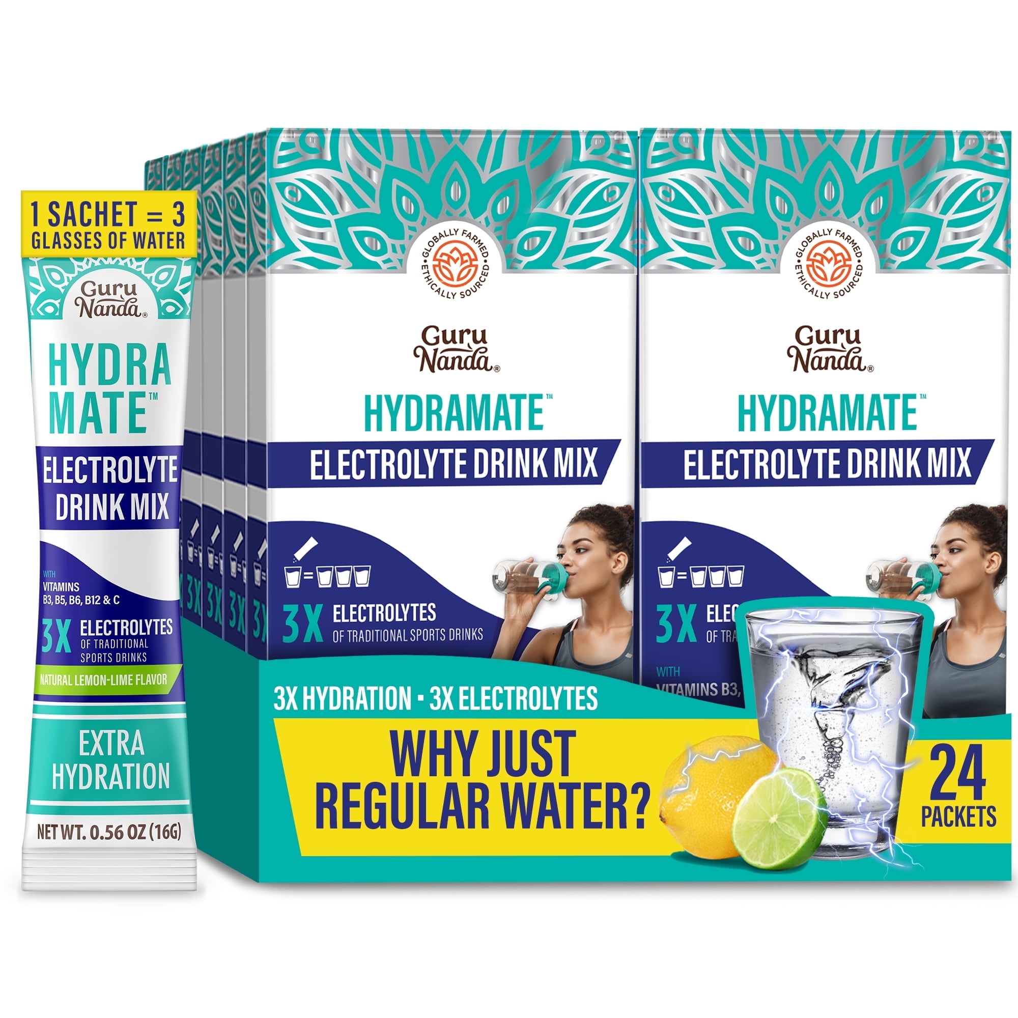 GuruNanda Hydramate Hydration Electrolyte Drink Mix, Lemon Lime - 12 Count (24 Sachets)
