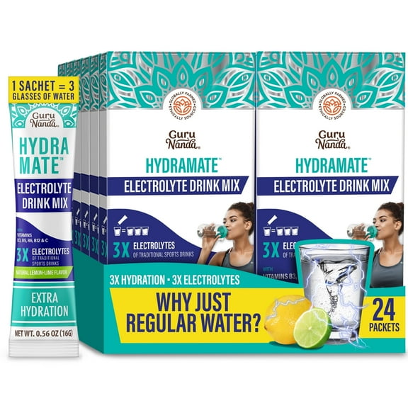 GuruNanda Hydramate Hydration Electrolyte Drink Mix, Lemon Lime - 12 Count (24 Sachets)